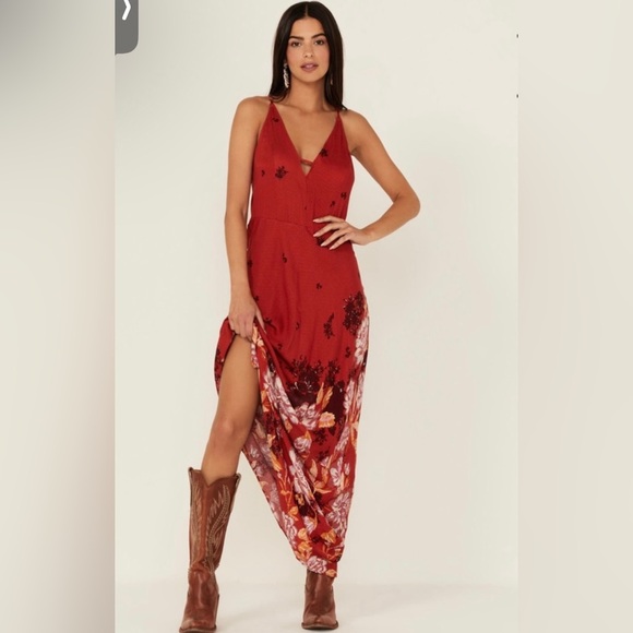 Free People Get To You Printed Maxi Floral Slip Dress Scarlet Combo - Small NWT - Picture 4 of 16